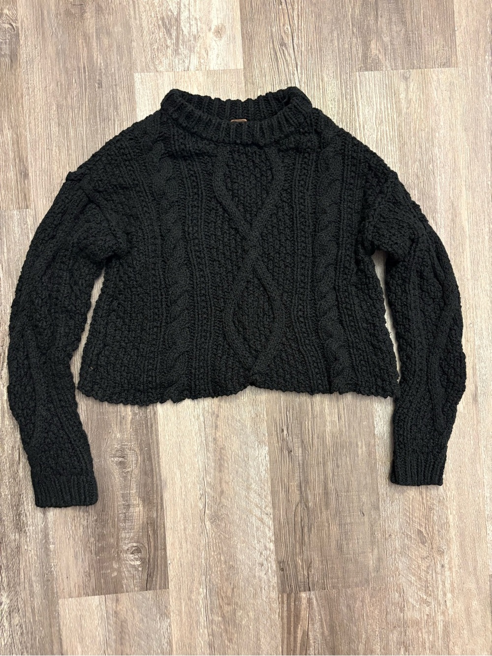 Free People Black Cable Knit Cropped Turtleneck Sweater